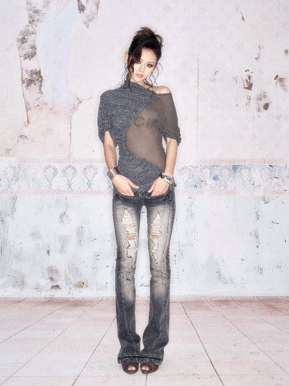 3-Tone Knitted Mesh Pleated T-Shirt【s0000016063】