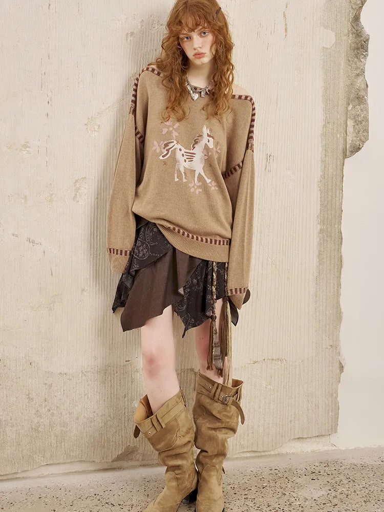 Off-the-shoulder poncho print knit sweater【s0000014063】