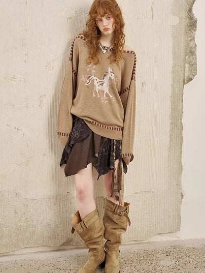 Off-the-shoulder poncho print knit sweater【s0000014063】