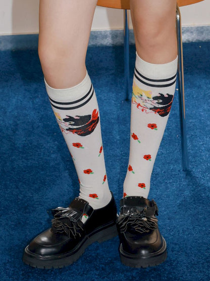 White kitten floral calf socks【s0000013343】