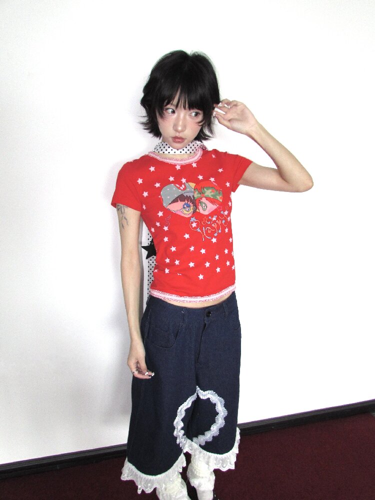 Lace Cotton Mini Print Short Top【s0000018656】