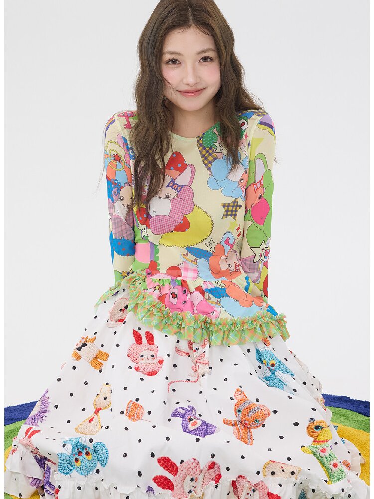 Two Color Cartoon Mesh Lace Top【s0000016197】