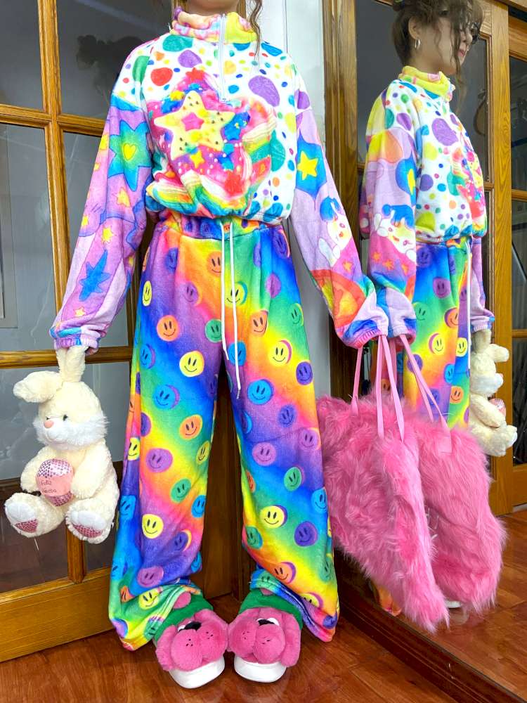 Y2K Niche Color Smiley Face Fleece Slacks【s0000014635】