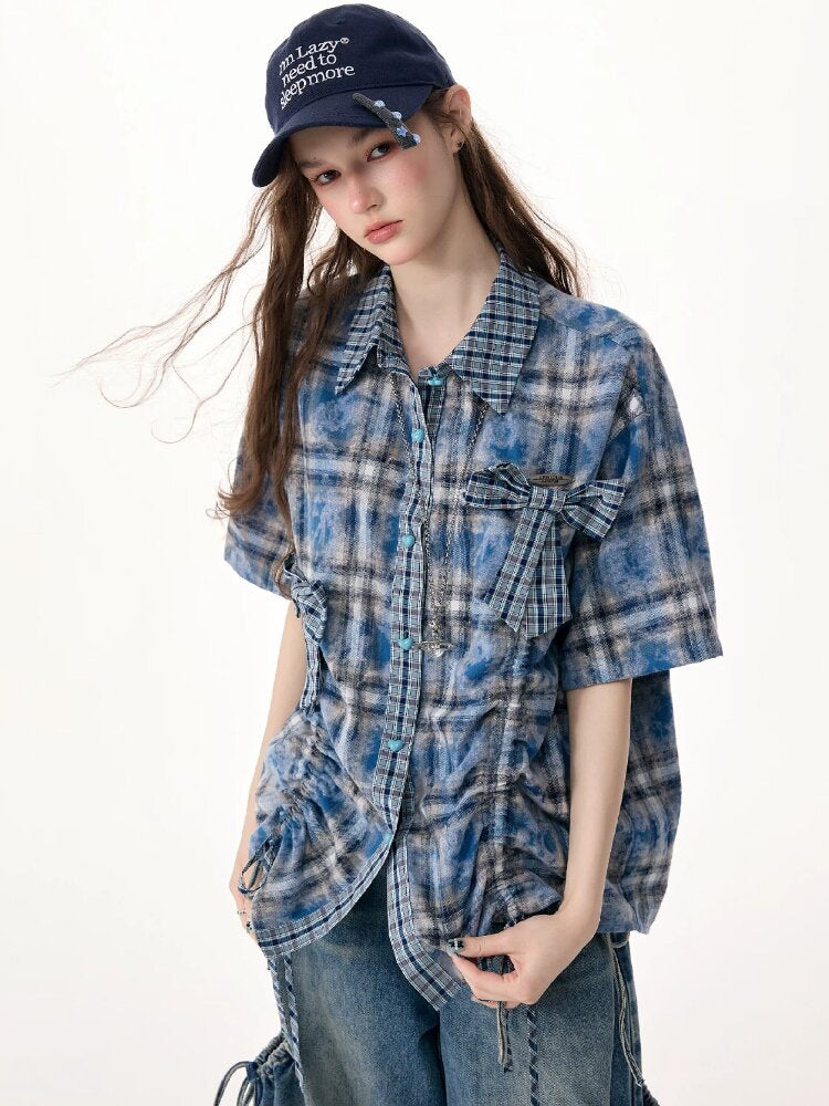 Blue Plaid Bow Preppy Style Shirt【s0000017308】