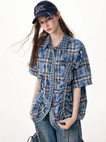 Blue Plaid Bow Preppy Style Shirt【s0000017308】
