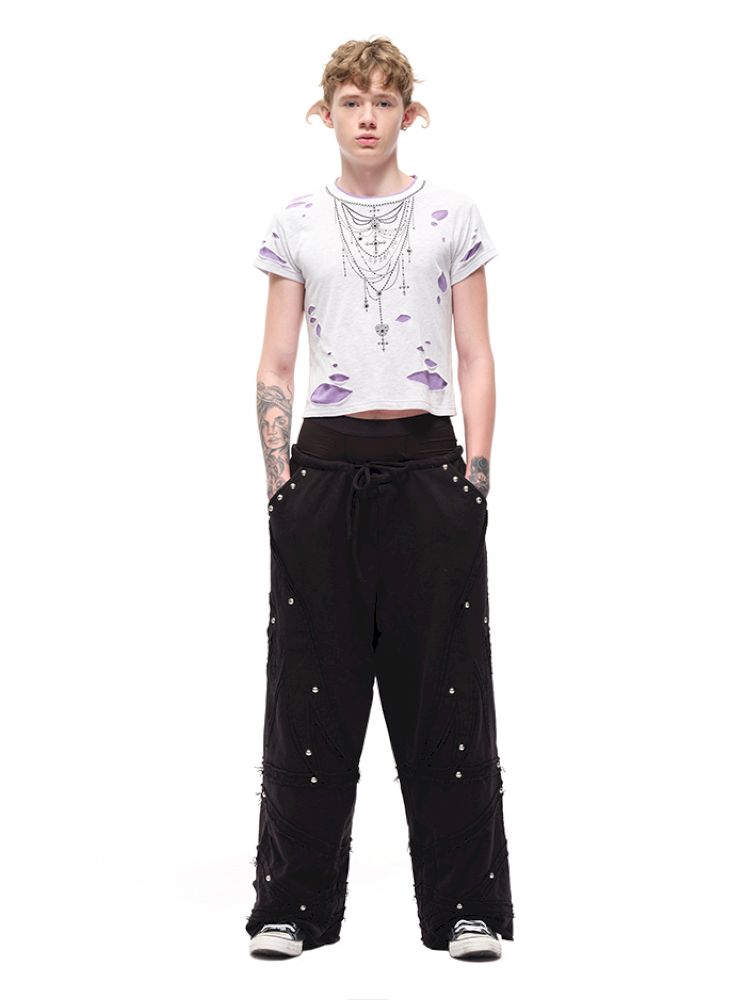 Rhinestone necklace ripped t-shirt【s0000012596】