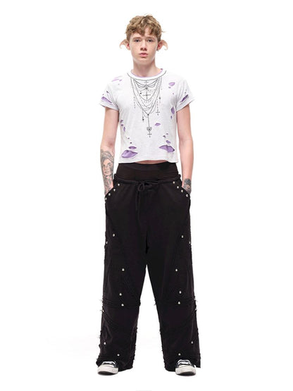 Rhinestone necklace ripped t-shirt【s0000012596】