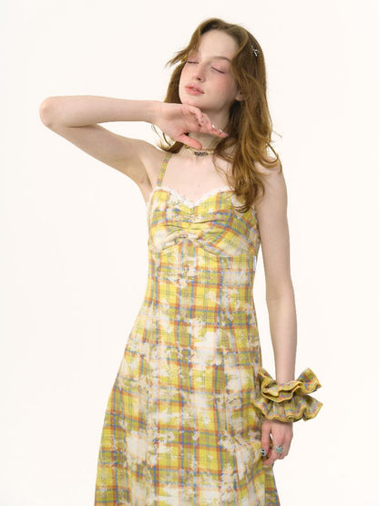 Grid Tie-Dye Split Sling Dress【s0000012258】