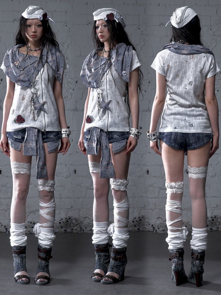 Faux two-piece distressed short-sleeved T-shirt【s0000012790】
