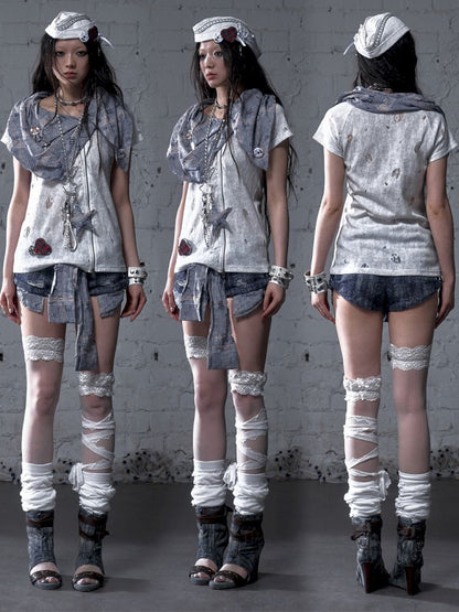 Faux two-piece distressed short-sleeved T-shirt【s0000012790】