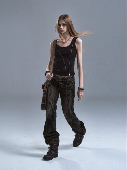 Lightning Rivet Black Denim Pants【s0000016634】
