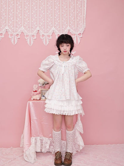Rose pattern puff sleeve top【s0000012851】
