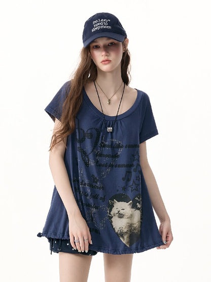 Cat Print Lazy Drawstring T-Shirt【s0000017253】