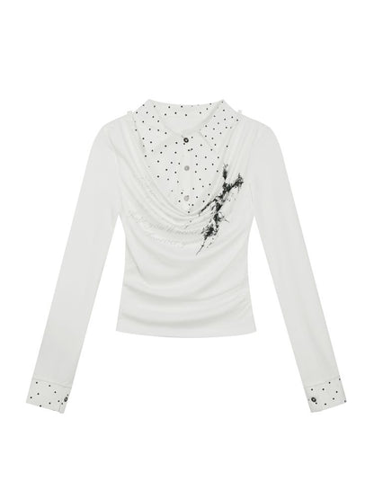 Plaid Tie-Dye Black Swing Neck Long Sleeve Blouse【s0000013887】