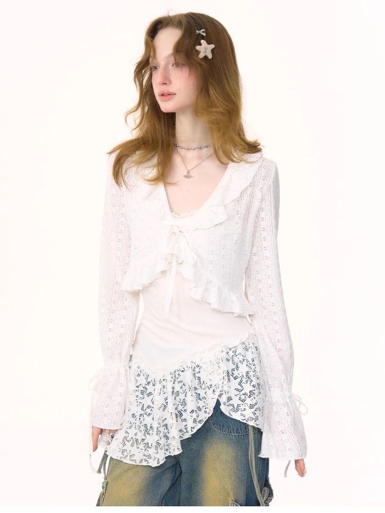 Lace Hollow Tie Knit Cardigan【s0000012228】