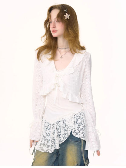 Lace Hollow Tie Knit Cardigan【s0000012228】