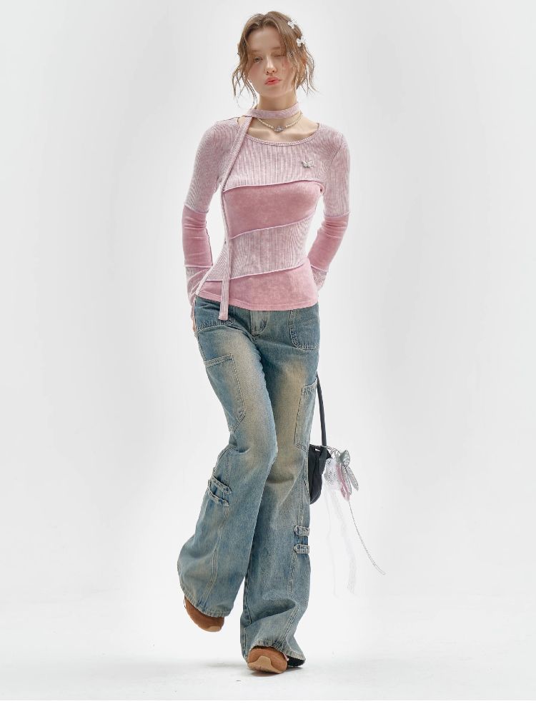 Splicing Collar Long Sleeve T-Shirt【s0000011518】