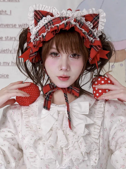 Red Plaid Cute Cat Ear Headband【s0000014106】