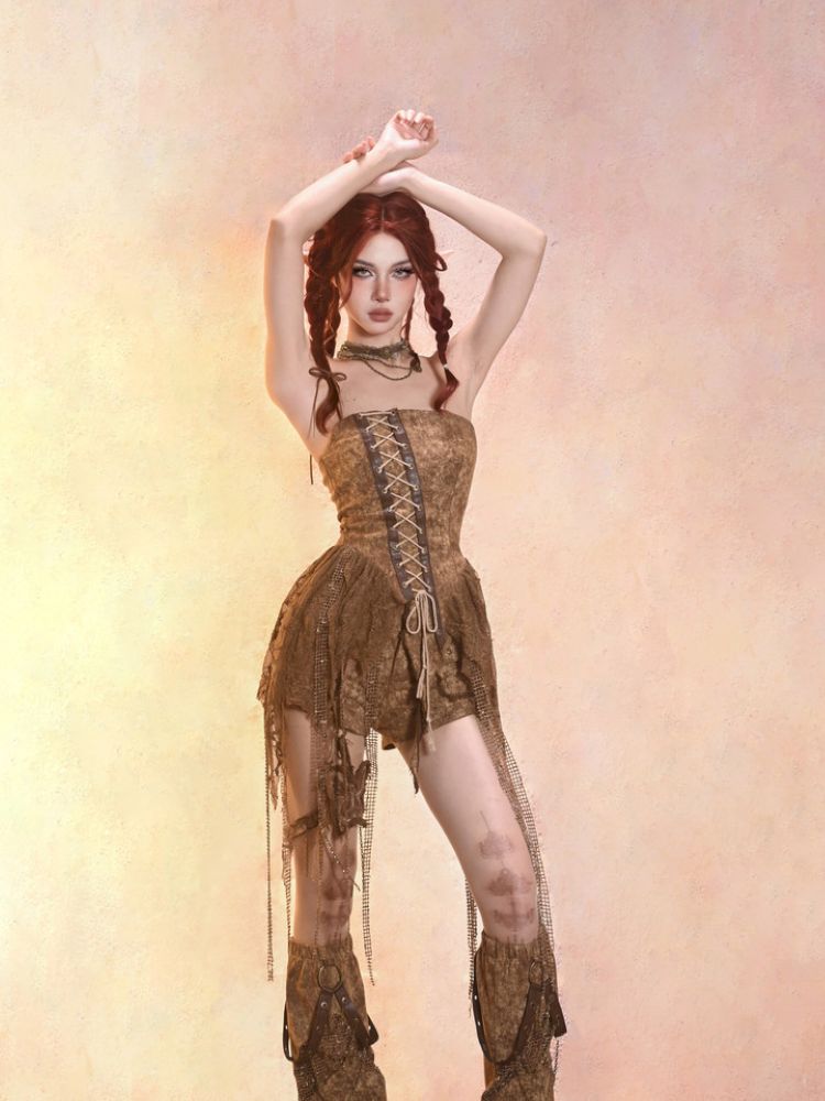 Aged Denim Asymmetric Plunge Top【s0000013508】