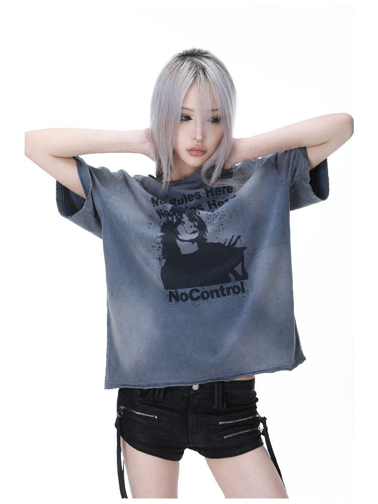 Vintage Print Distressed Washed T-Shirt【s0000017299】