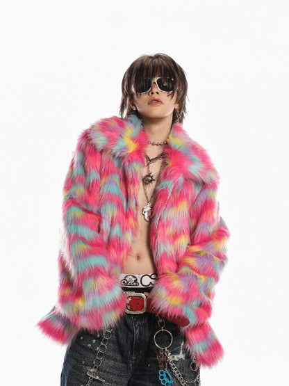 Rainbow Colorful Faux Fur Coat【s0000019281】