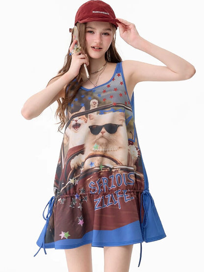 American Cat Print Vintage Tank Dress【s0000017676】