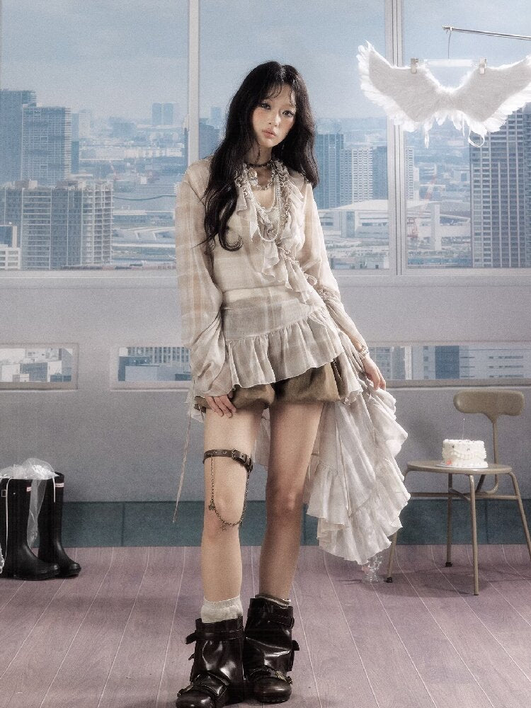Plaid Ruffled Sunscreen Long Shirt【s0000016531】