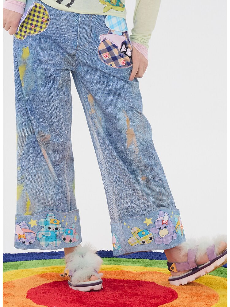Hand Painted Patchwork Cotton Jeans【s0000016189】