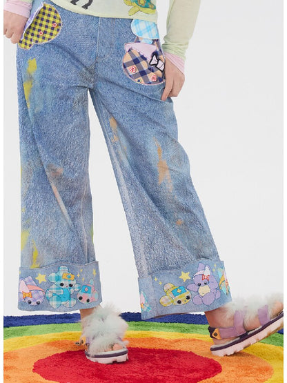 Hand Painted Patchwork Cotton Jeans【s0000016189】