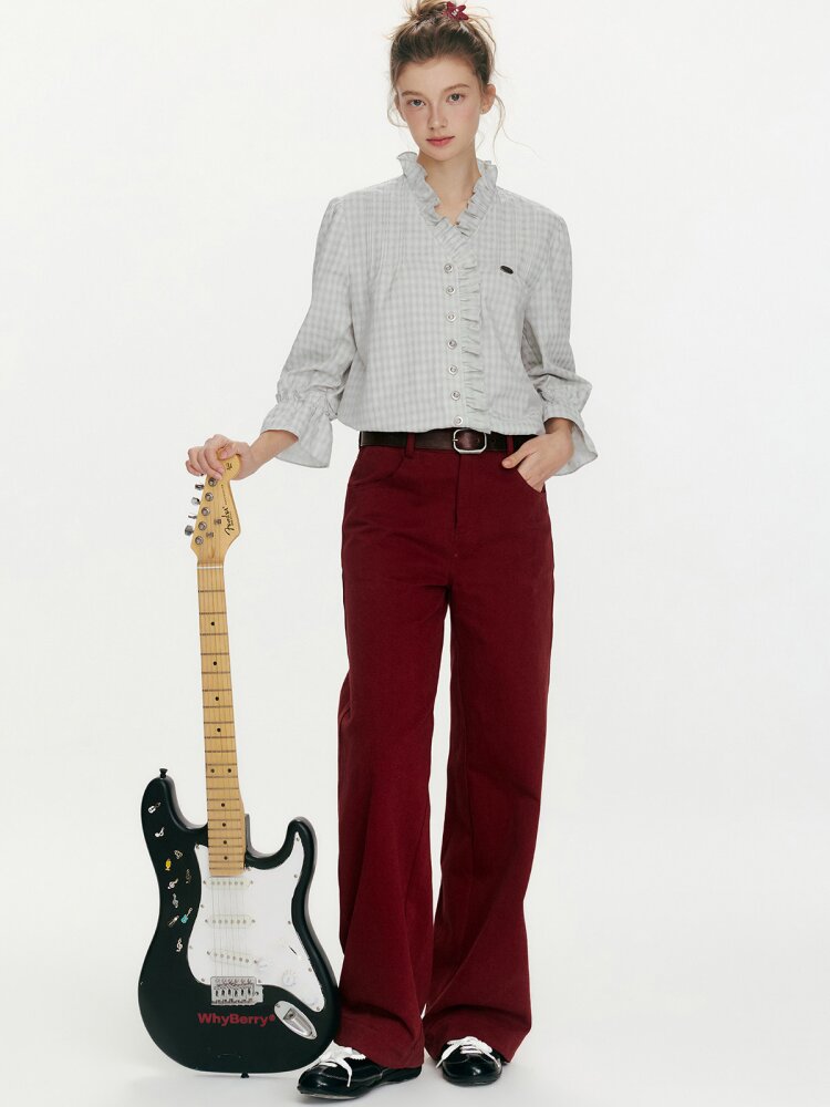French V-neck Plaid Fungus Shirt【s0000015677】