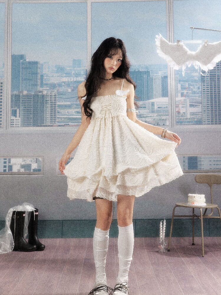 Shirred Lace White Texture Dress【s0000016278】