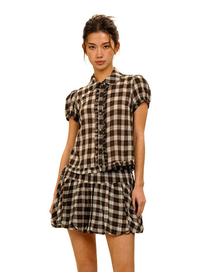 Color Block Plaid Shirt Mini Skirt【s0000017906】