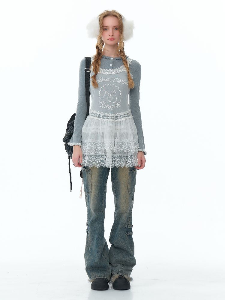 Mesh Sheer Lace Bottom Dress【s0000011503】