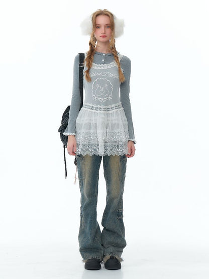 Mesh Sheer Lace Bottom Dress【s0000011503】