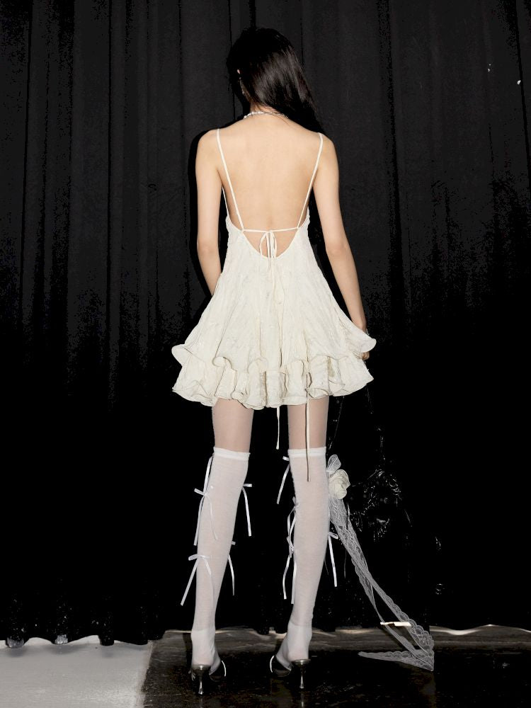 Hollowed out lace cream white girly halter dress【s0000013215】