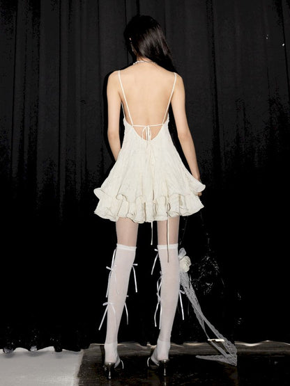 Hollowed out lace cream white girly halter dress【s0000013215】