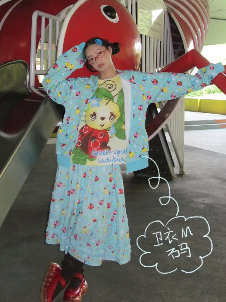 Beetle Print Blue Hoodie and Skirt Set【s0000014193】