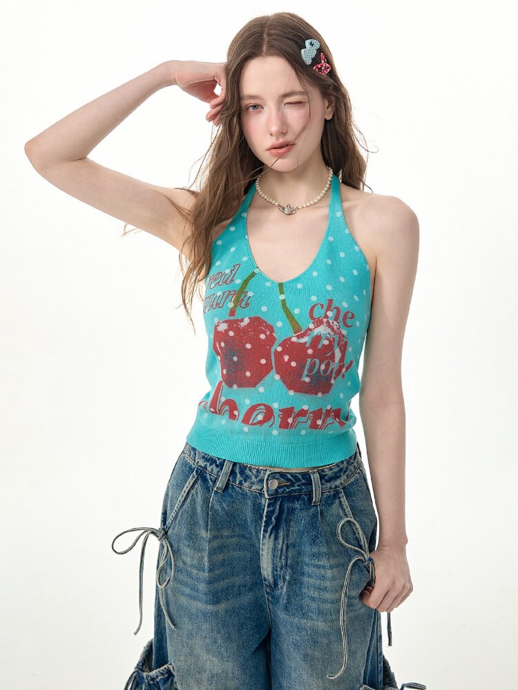 Wave Cherry Print Cropped Top Tank【s0000017305】