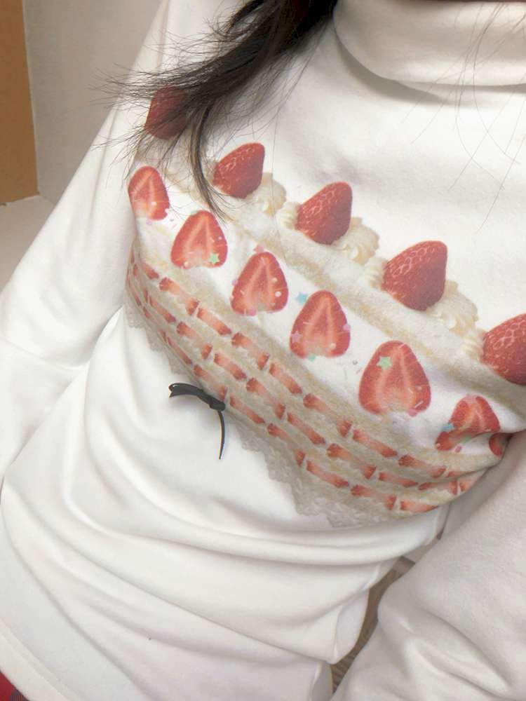 Strawberry Cake Print High-Neck T-Shirt【s0000014530】