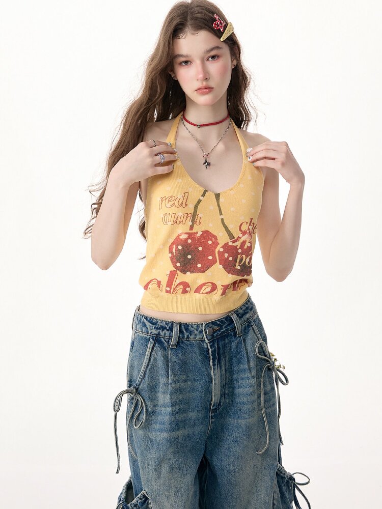 Wave Cherry Print Cropped Top Tank【s0000017304】