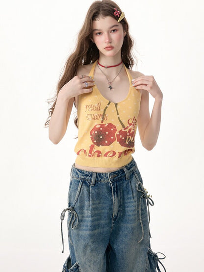 Wave Cherry Print Cropped Top Tank【s0000017304】