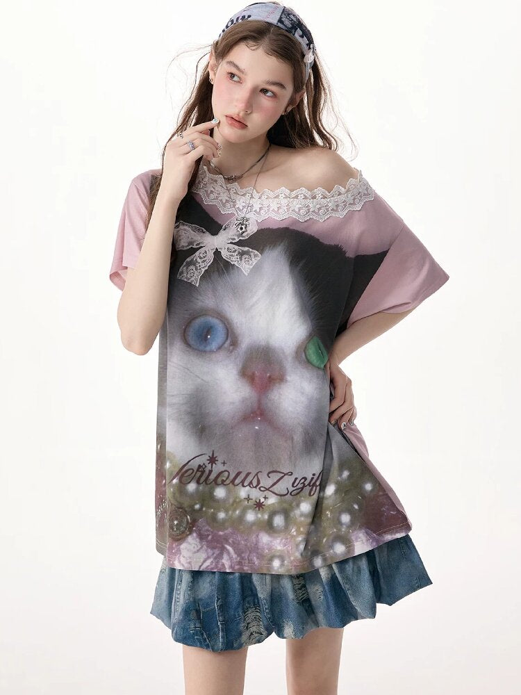 Lace Patchwork Cat Print Loose T【s0000017316】