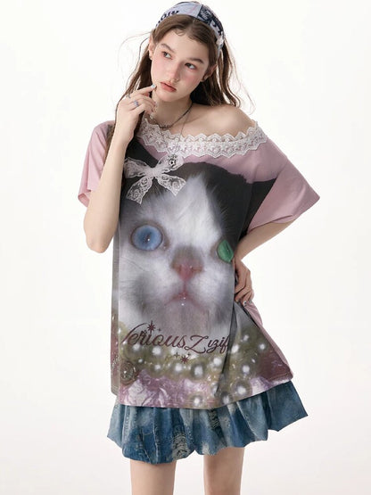 Lace Patchwork Cat Print Loose T【s0000017316】