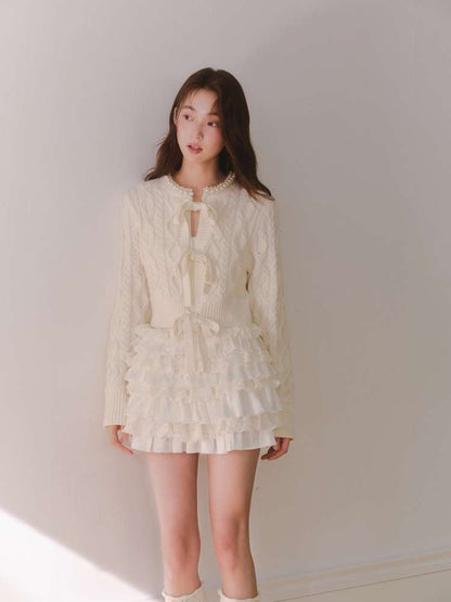 Crochet-Tied Bow Short Knit Cardigan【s0000014611】