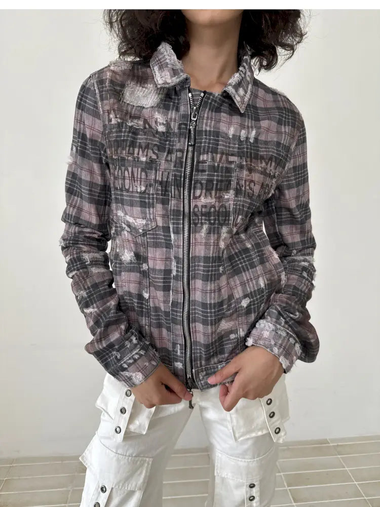 Distressed Plaid Denim Jacket【s0000014200】