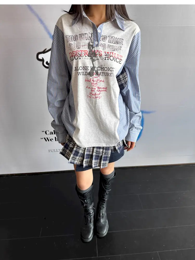 Patchwork Blue Striped Sleeve Shirt【s0000014199】