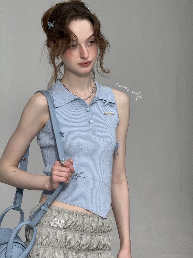 Polo Neck Blue Knit Vest【s0000012256】