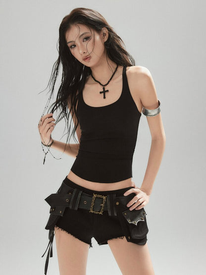 Black U-Neck Lyocell Strap Vest【s0000015601】