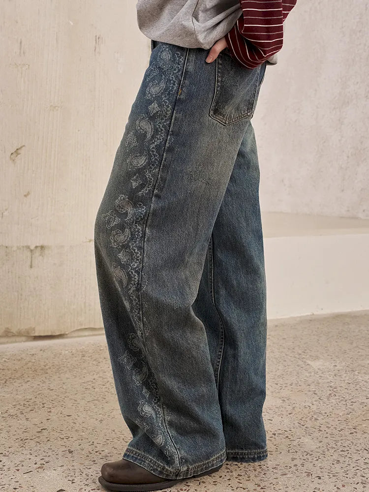 Vintage-Washed Relaxed Straight-Leg Jeans【s0000014043】