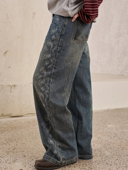 Vintage-Washed Relaxed Straight-Leg Jeans【s0000014043】